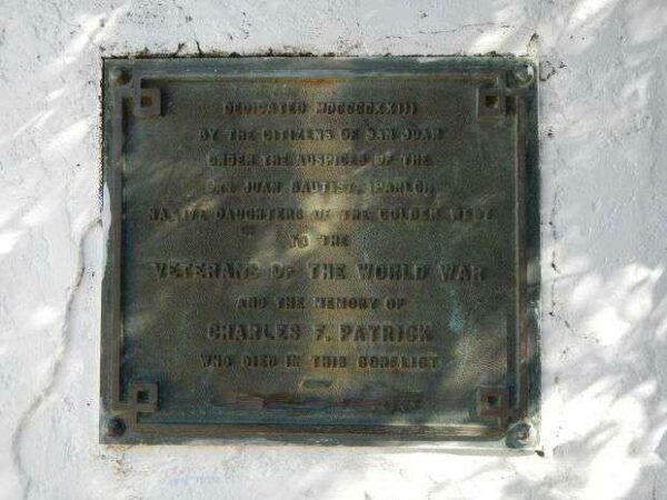 SAN JUAN BAUTISTA WORLD WAR I VETERANS MEMORIAL PLAQUE