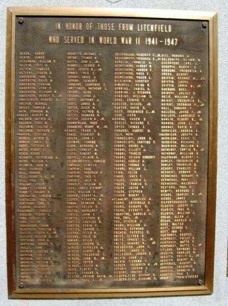 LITCHFIELD WORLD WAR II MEMORIAL FRONT PLAQUE