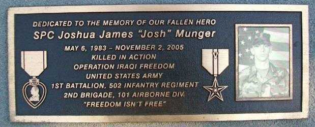 SPC. JOSHUA JAMES “JOSH” MUNGER MEMORIAL PLAQUE