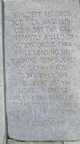 SGT. NICK MATASSINI WAR MEMORIAL NARRATIVE STONE A