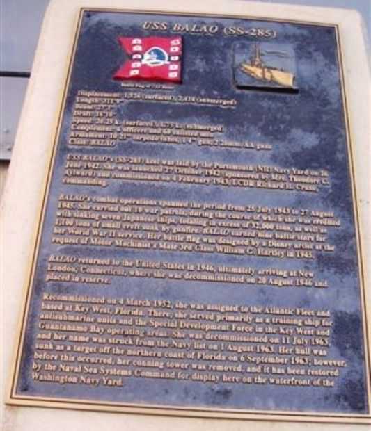 USS BALAO (SS-285) WAR MEMORIAL SUBMARINE PLAQUE