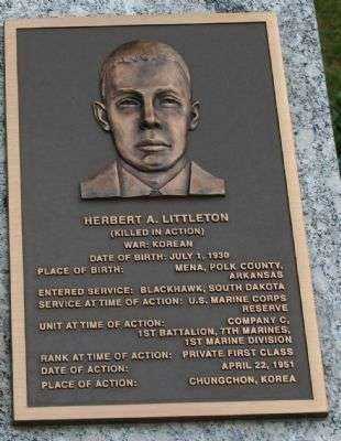 PFC. HERBERT A. LITTLETON MEDAL OF HONOR WAR MEMORIAL PLAQUE