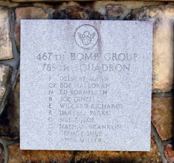 467TH BOMB GROUP 789TH SQUADRON DELBERT MANN WAR MEMORIAL PLAQUE