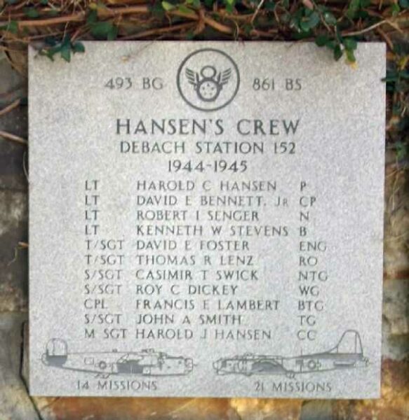 HANSEN’S CREW WAR MEMORIAL PLAQUE