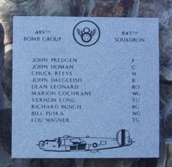 489TH BOMB GROUP 845TH SQUADRON WAR MEMORIAL PLAQUE