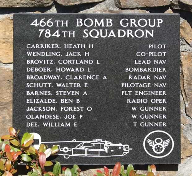 466TH BOMB GROUP 784TH SQUADRON WAR MEMORIAL PLAQUE