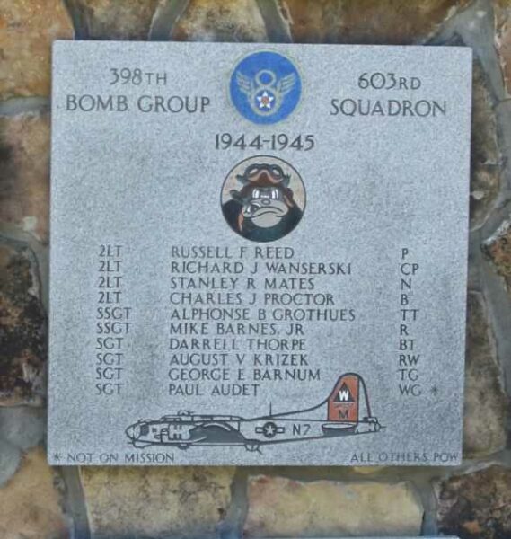 398TH BOMB GROUP 603RD SQUADRON WAR MEMORIAL PLAQUE