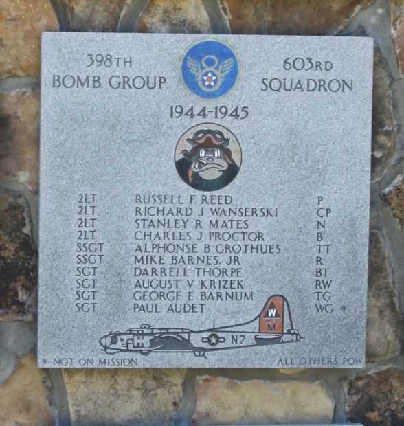 398TH BOMB GROUP 603RD SQUADRON WAR MEMORIAL PLAQUE