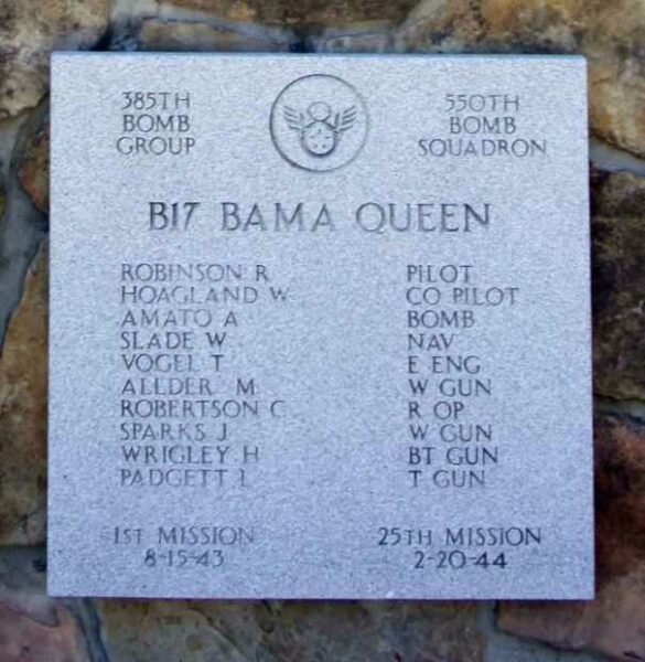 B17 BAMA QUEEN WAR MEMORIAL PLAQUE