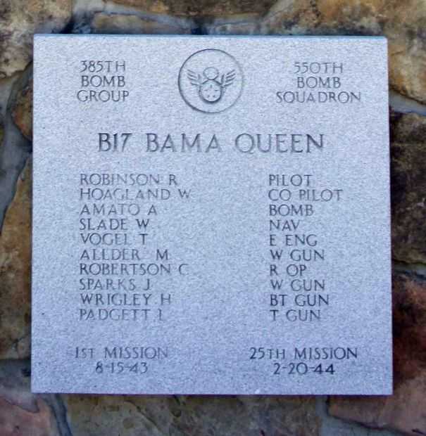 B17 BAMA QUEEN WAR MEMORIAL PLAQUE