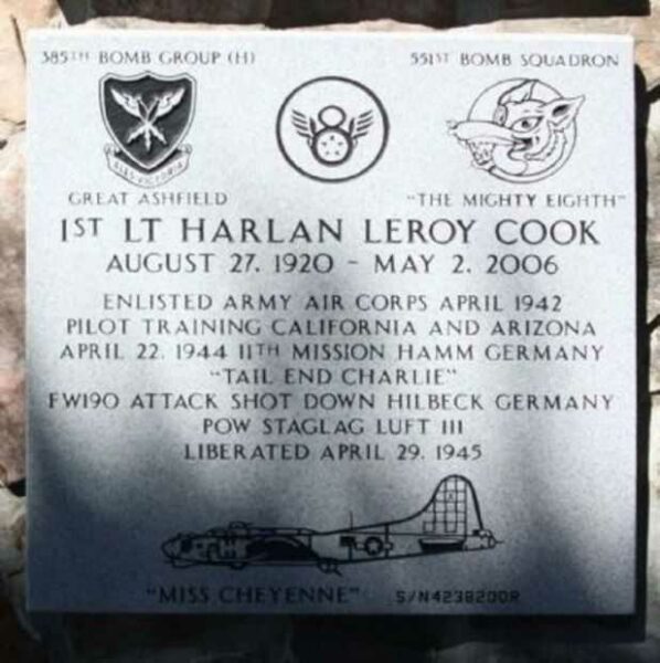 1ST LT HARLAN LEROY COOK WAR MEMORIAL PLAQUE