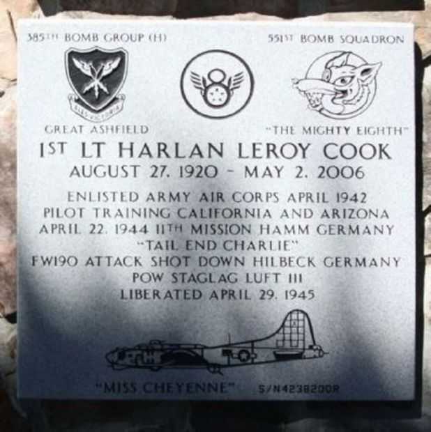1ST LT HARLAN LEROY COOK WAR MEMORIAL PLAQUE