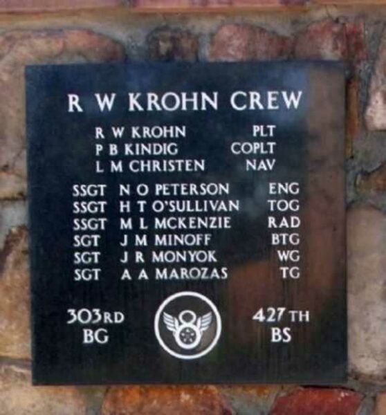 R W KROHN CREW WAR MEMORIAL PLAQUE