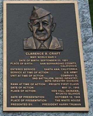 PFC. CLARENCE B. CRAFT MEDAL OF HONOR WAR MEMORIAL PLAQUE