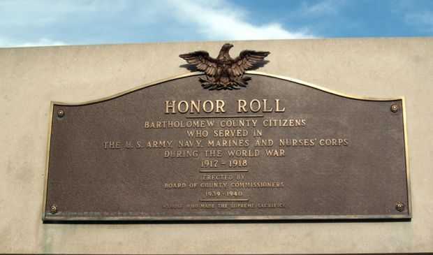 BARTHOLOMEW COUNTY WORLD WAR I HONOR ROLL MEMORIAL DEDICATION PLAQUE