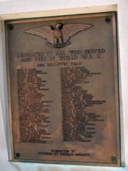 PUTNAM COUNTY WORLD WAR II WAR MEMORIAL PLAQUE
