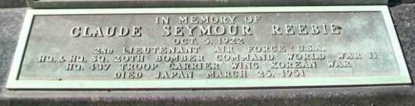 CLAUDE SEYMOUR REEBIE WAR MEMORIAL PLAQUE