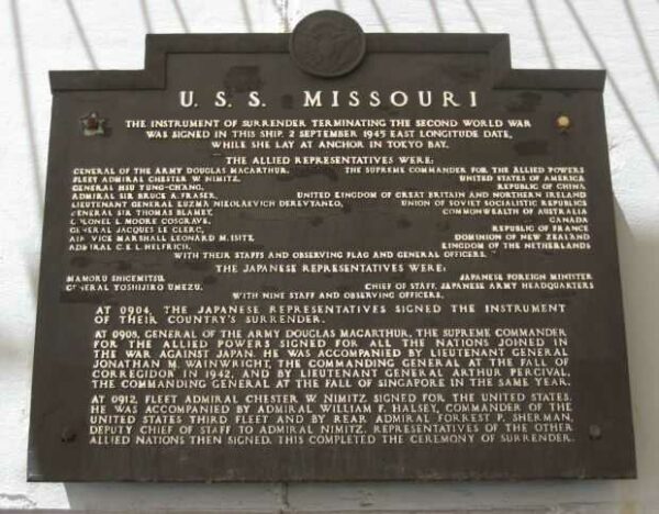 U.S.S. MISSOURI WAR MEMORIAL SHIP PLAQUE