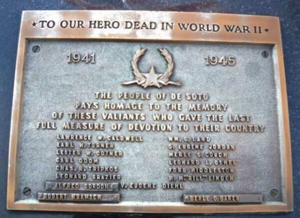 DE SOTO HERO DEAD WORLD WAR II MEMORIAL PLAQUE