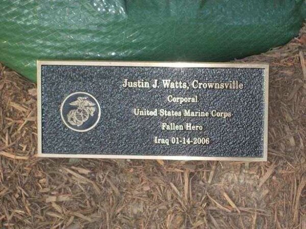 JUSTIN J. WATTS PARK TREE MEMORIAL PLAQUE