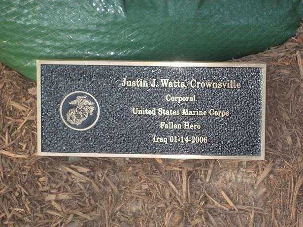 JUSTIN J. WATTS PARK TREE MEMORIAL PLAQUE