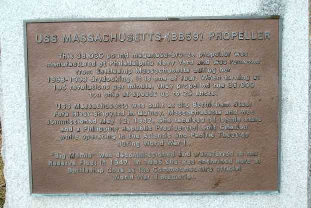 USS MASSACHUSETTS (BB59) MEMORIAL PROPELLER PLAQUE