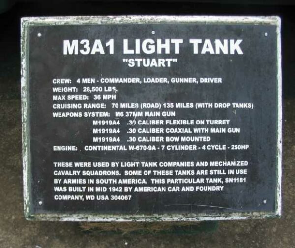 M3A1 LIGHT TANK “STUART” MEMORIAL PLAQUE