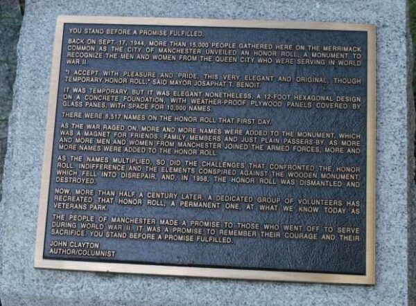 MANCHESTER WWII VETERANS MEMORIAL PLAQUE