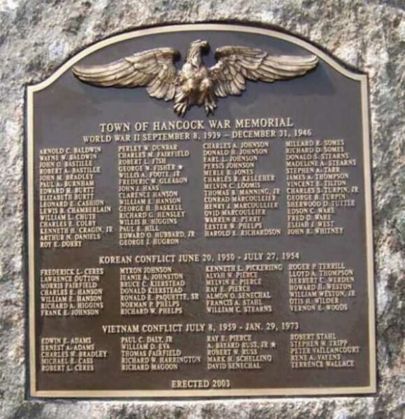 HANCOCK WORLD WAR II, KOREAN WAR AND VIETNAM WAR MEMORIAL PLAQUE