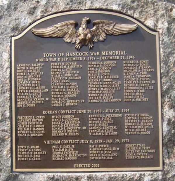 HANCOCK WORLD WAR II, KOREAN WAR AND VIETNAM WAR MEMORIAL PLAQUE