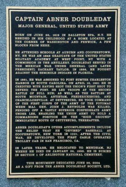 CAPTAIN ABNER DOUBLEDAY WAR MEMORIAL PLAQUE