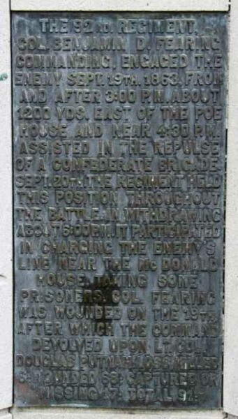 92ND. OHIO INFANTRY WAR MEMORIAL PLAQUE