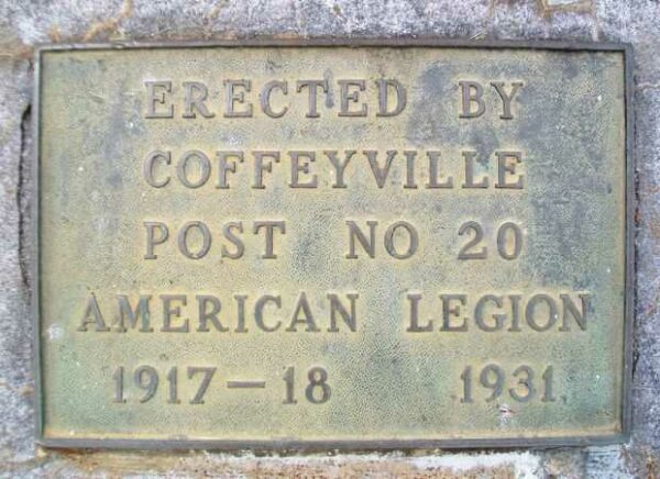 COFFEYVILLE POST NO 20 AMERICAN LEGION MEMORIAL FLAGPOLE PLAQUEW