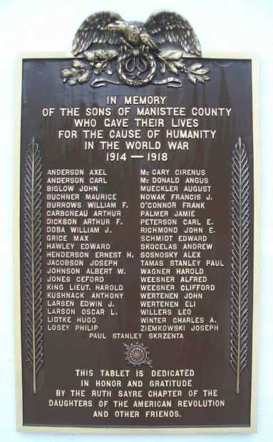MANISTEE COUNTY WAR MEMORIAL PLAQUE B