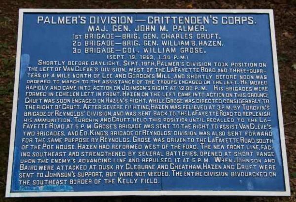 PALMER’S DIVISION-CRITTENDER’S CORPS WAR MEMORIAL PLAQUE