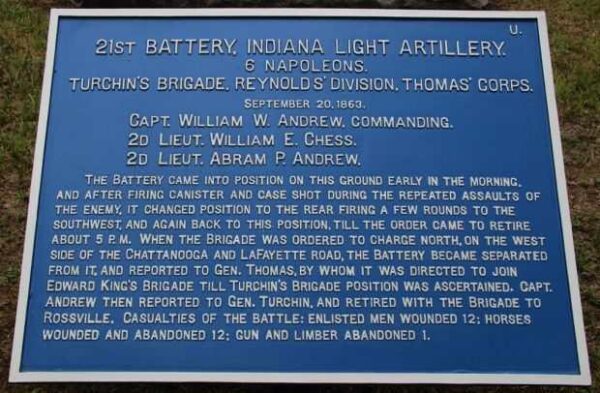 21ST BATTERY, INDIANA LIGHT ARTILLERY WAR MEMORIAL PLAQUE