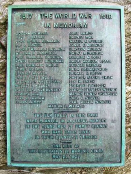 EMMET COUNTY WORLD WAR I MEMORIAL TREES PLAQUE