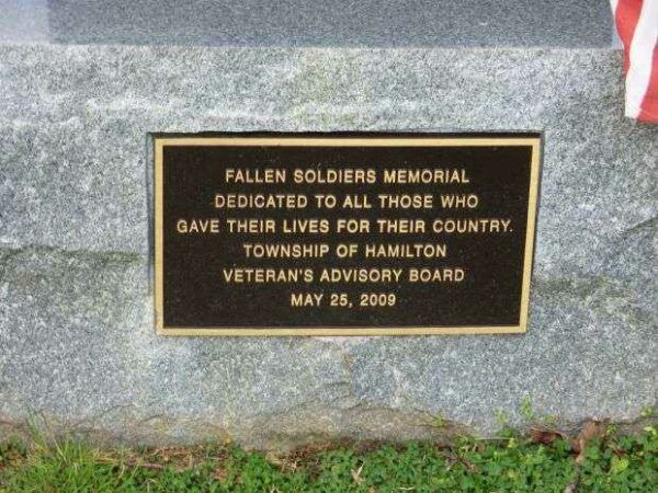 TOWNSHIP OF HAMILTON FALLEN SOLDIERS MEMORIAL PLAQUE