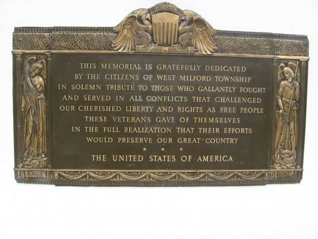 WEST MILFORD TOWNSHIP WAR VETERANS MEMORIAL PLAQUE
