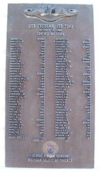 USS ESCOLAR (SS294) WAR MEMORIAL PLAQUE B