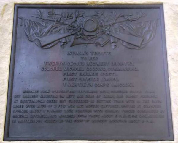 INDIANA’S TWENTY-SECOND REGIMENT INFANTRY MEMORIAL PLAQUE