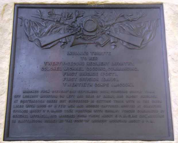 INDIANA’S TWENTY-SECOND REGIMENT INFANTRY MEMORIAL PLAQUE