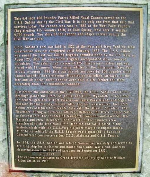 U.S.S. SABINE PARROTT RIFLE MEMORIAL PLAQUE