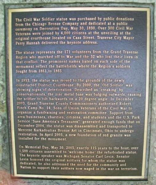 GRAND TRAVERSE COUNTY CIVIL WAR SOLDIER MEMORIAL PLAQUE A