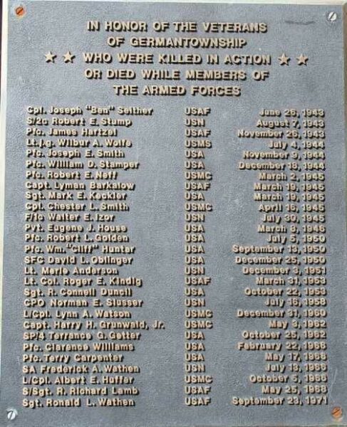 GERMANTOWN WAR VETERANS MEMORIAL PLAQUE