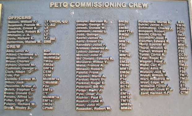 U.S.S. PETO (SS265) WAR MEMORIAL CREW PLAQUE