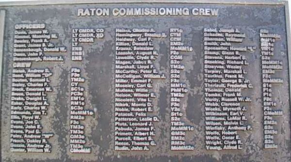 U.S.S. RATON (SS270) WAR MEMORIAL CREW PLAQUE