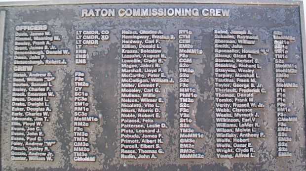 U.S.S. RATON (SS270) WAR MEMORIAL CREW PLAQUE