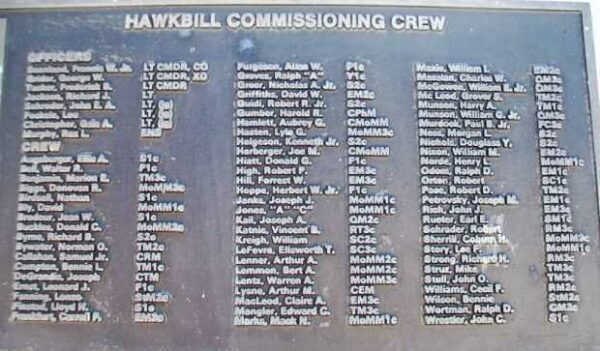 U.S.S. HAWKBILL (SS366) WAR MEMORIAL CREW PLAQUE