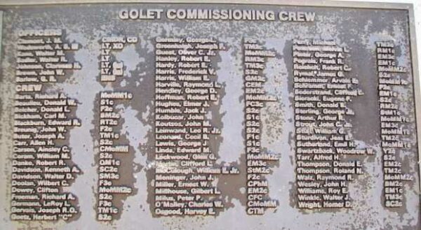 U.S.S. GOLET (SS361 WAR MEMORIAL CREW PLAQUE